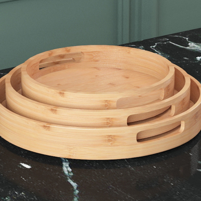 3pcs Set Round Bamboo Food Serving Tray with Handle for Home Living Room Kitchen